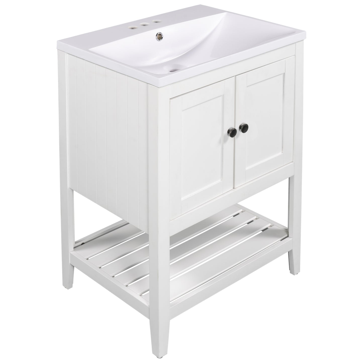 White Modern Sleek Bathroom Vanity Elegant Ceramic Sink with Solid Wood Frame Open Style Shelf