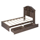 Twin Size Wood Platform Bed with House-shaped Storage Headboard and 2 Drawers Walnut