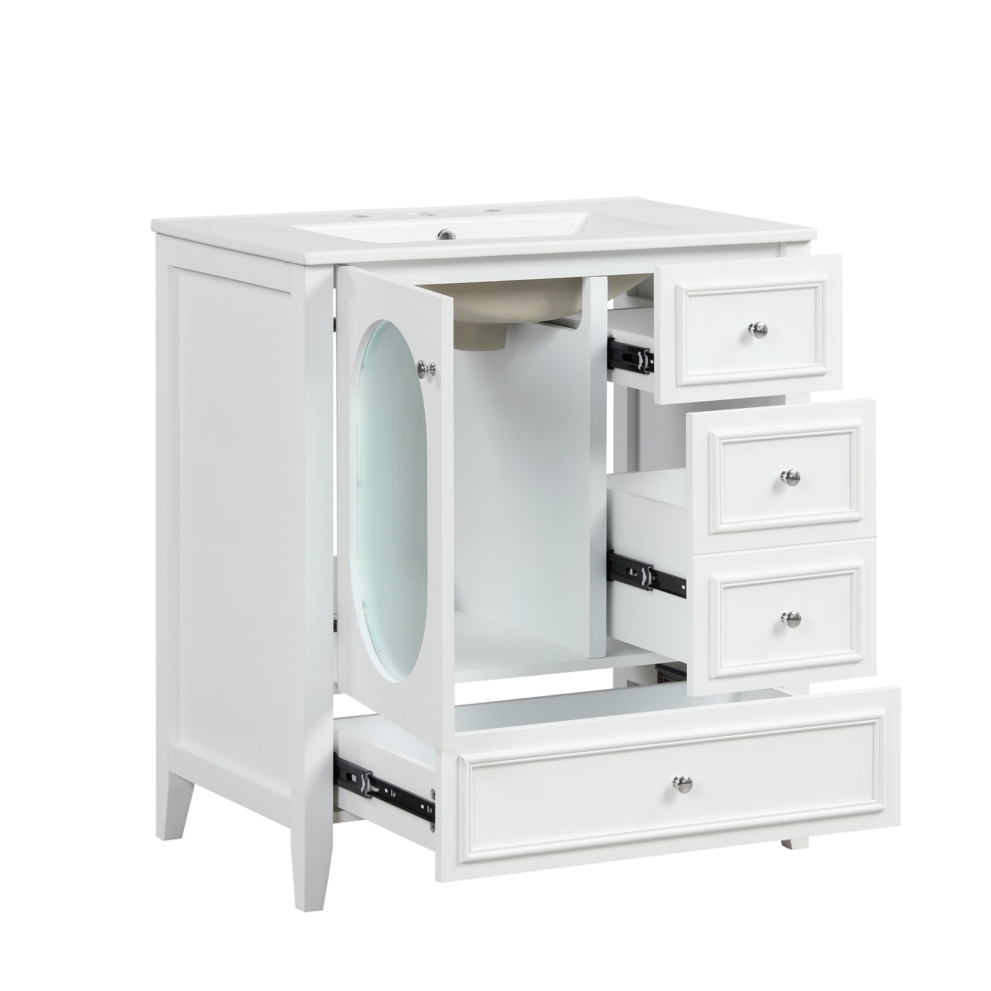 Bathroom Vanity with Sink, Bathroom Vanity Cabinet with Three Drawers and Door, Solid Wood and MDF, White