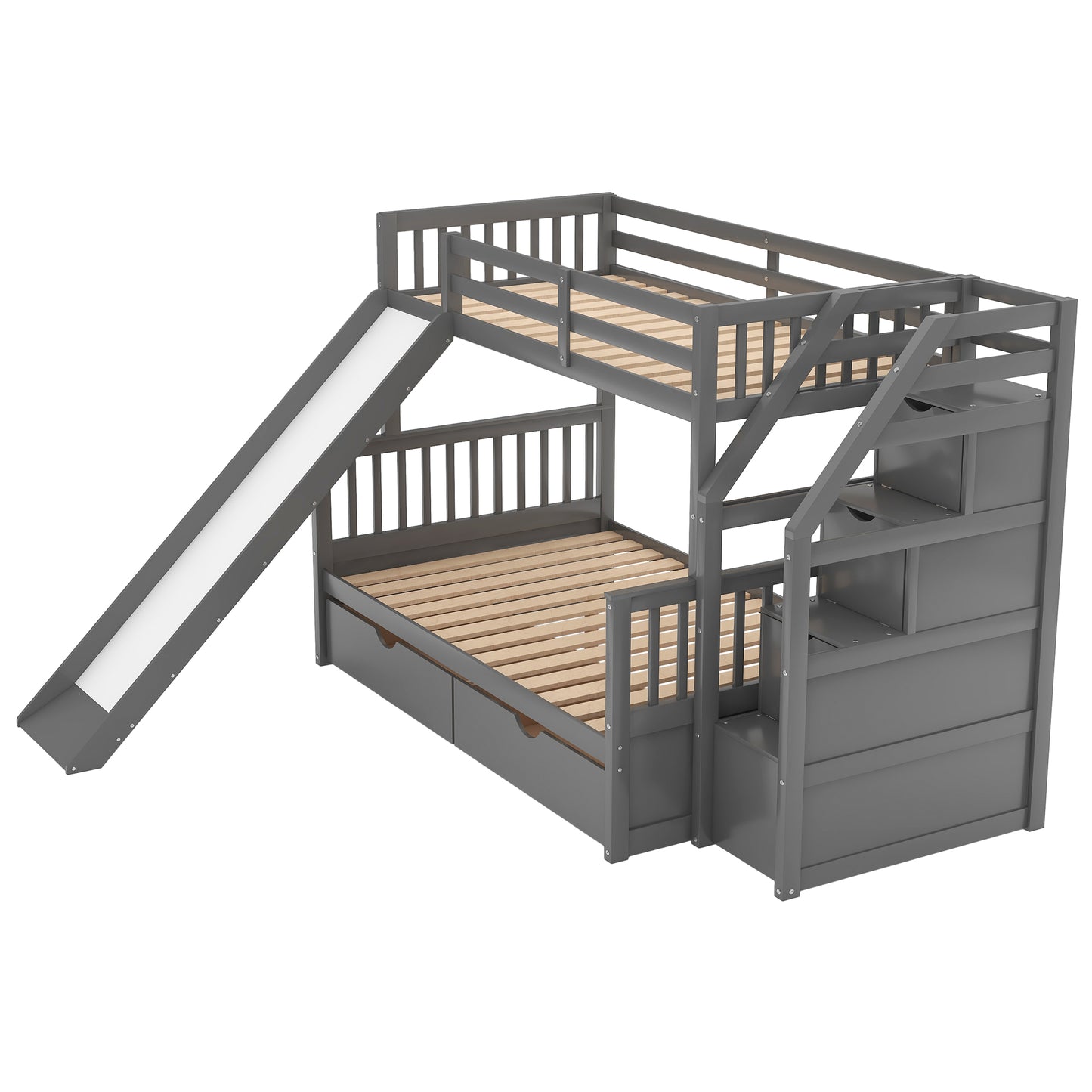 Twin over Full Bunk Bed with Drawers Storage and Slide  Multifunction Gray