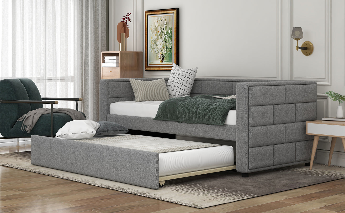 Twin Size Daybed with Trundle  Upholstered Daybed with Padded Back  Gray