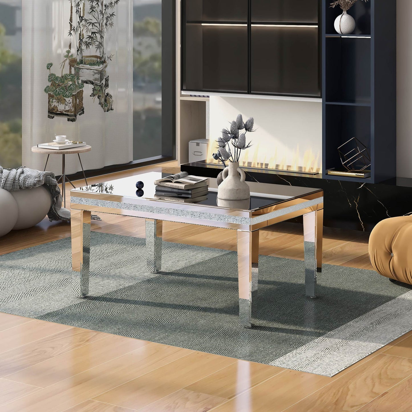 ON-TRANS Stylish Modern Glass Mirrored Coffee Table with Crystal Design and Adjustable Height Legs, Silver Finish