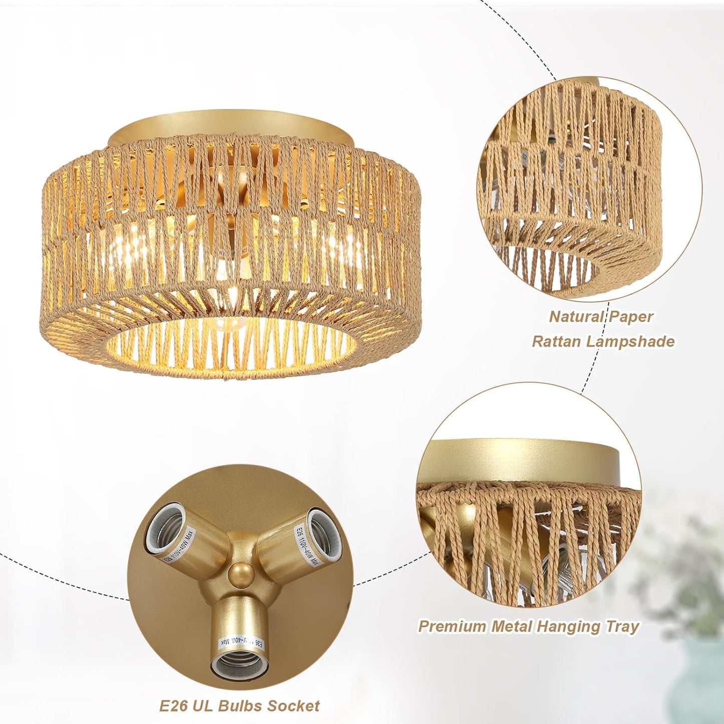 Boho Light Fixtures Ceiling Mount 3-Light Farmhouse Rattan Ceiling Light Fixture Flush Mount Ceiling Light with Hand-Woven Shade