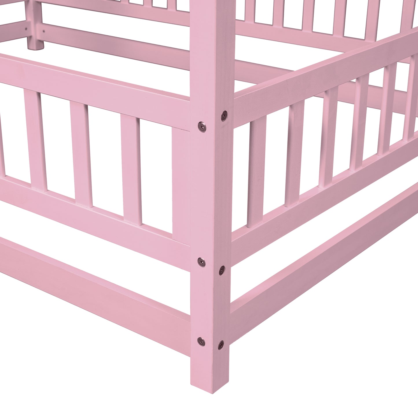 Full Size Floor Wooden Bed with House Roof Frame, Fence Guardrails ,Pink