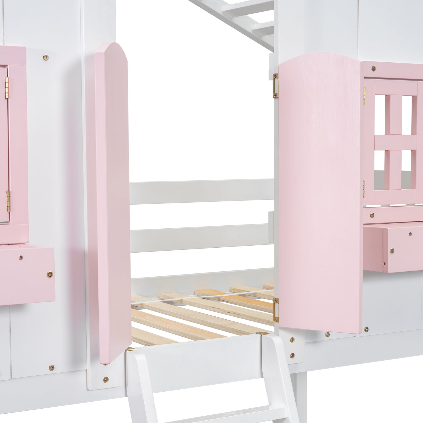 Twin over Twin House Bunk Bed with Roof , Window, Window Box, Door , with Safety Guardrails and Ladder, Pink/White