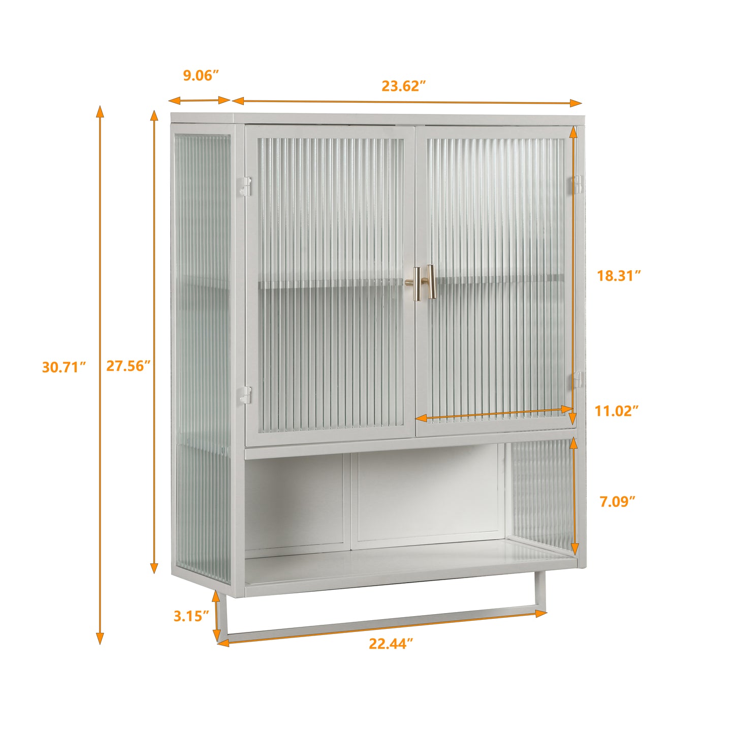 Glass Doors Modern Two-door Wall Cabinet with Featuring Two-tier Enclosed Storage an Open Shelf and Towel Rack