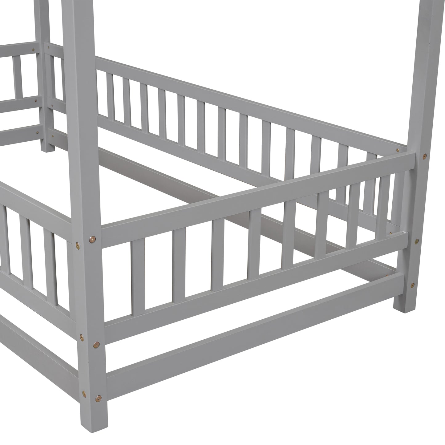 Twin Size Floor Wooden Bed with House Roof Frame, Fence Guardrails,Grey