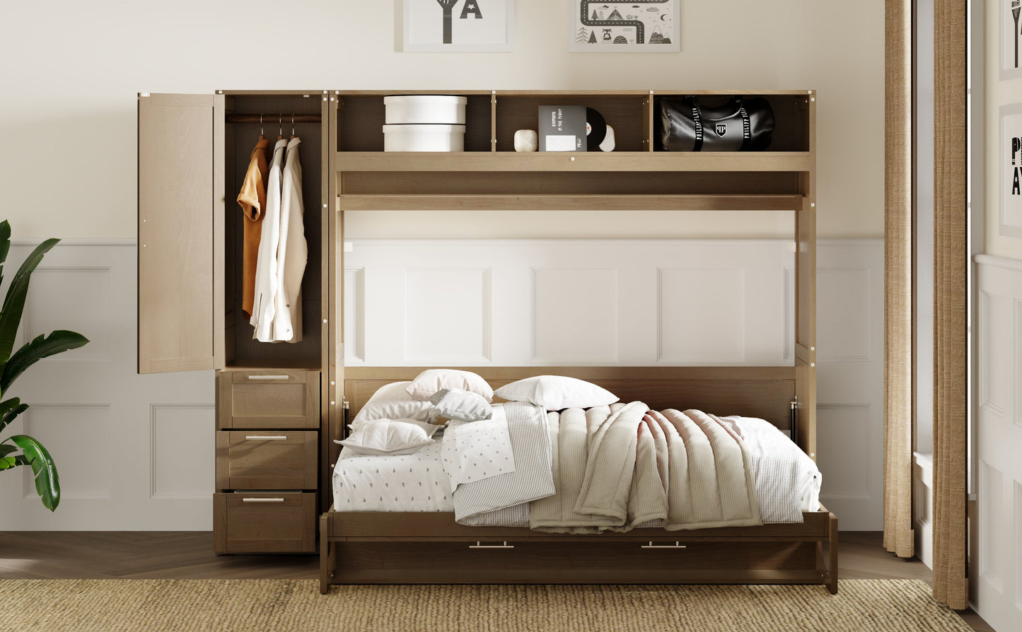 Full Size Murphy Bed with Wardrobe, Drawers, and Open Shelves, Antique Grey Finish for Functional Bedrooms