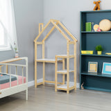 House-shaped Wooden writing Desk Kids study Table Bookshelf & Toy Storage Natural