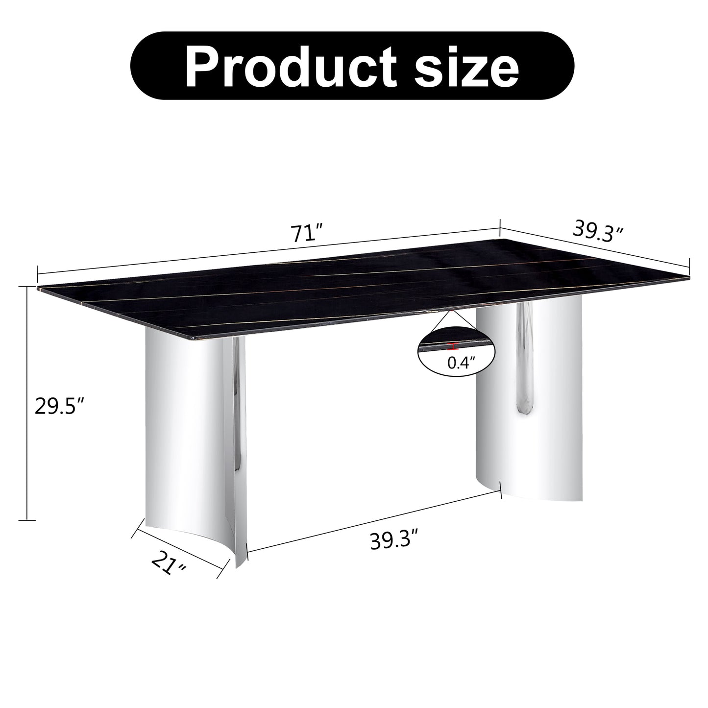 Modern minimalist dining table The black imitation marble glass desktop is equipped with silver metal legs