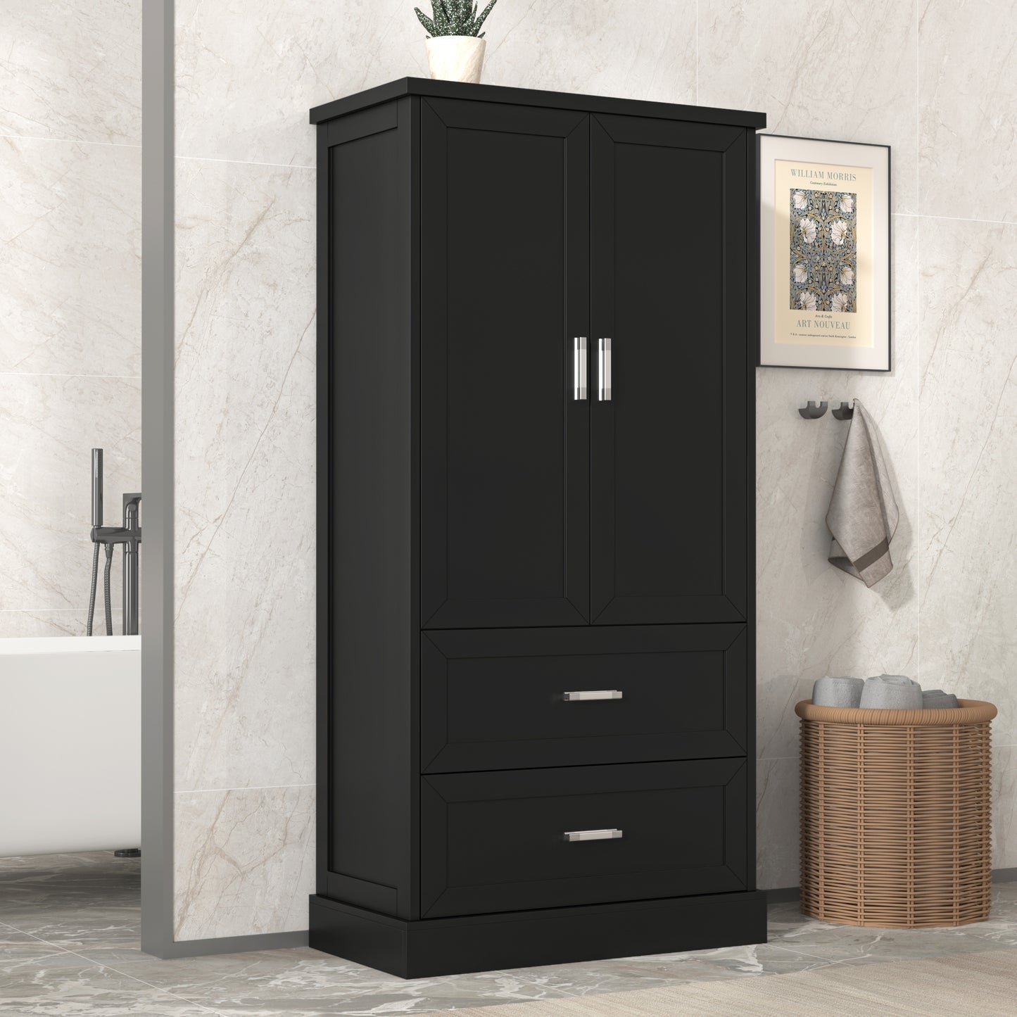 Mueble de baño alto con dos puertas y cajones, estante ajustable, tablero MDF, color negro