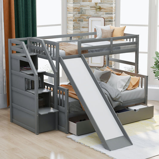 Twin over Full Bunk Bed with Drawers Storage and Slide  Multifunction Gray