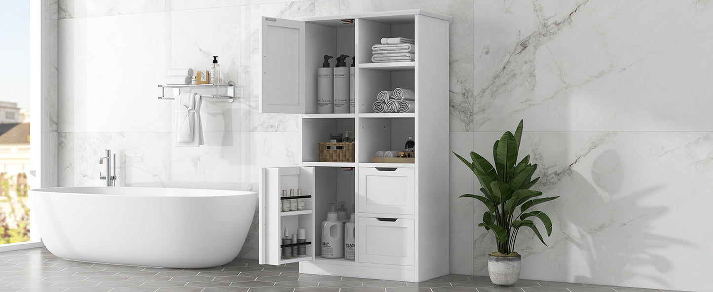 Bathroom storage cabinet with doors and drawers, multiple storage spaces, independent, open adjustable shelves, white