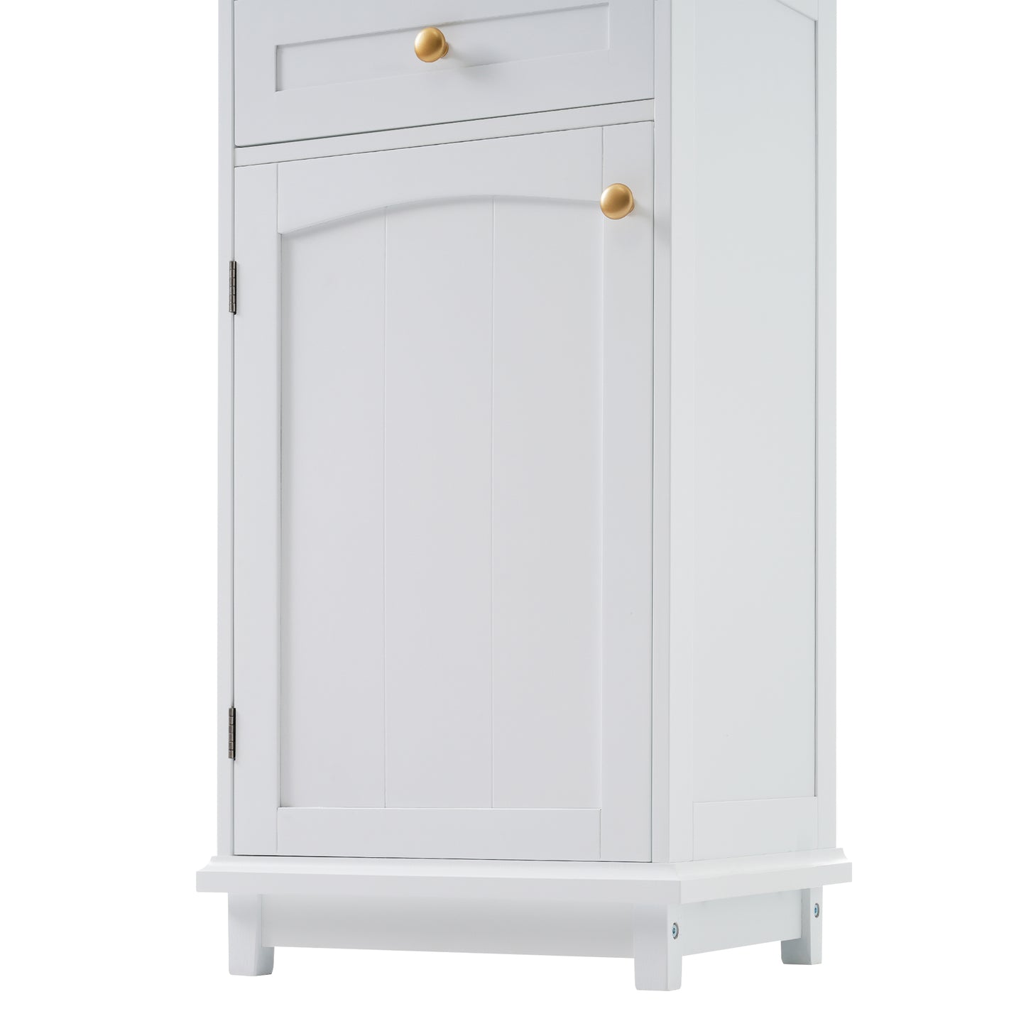 High bathroom storage cabinet with glass door, freestanding, two drawers and adjustable shelves, MDF board, painted white