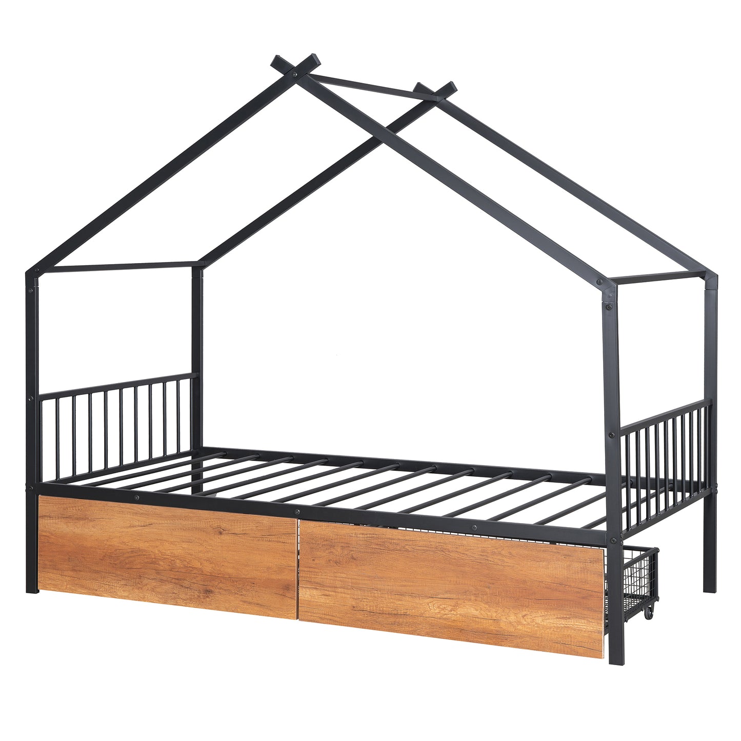 Twin Size Metal House Bed with Two Drawers, Black