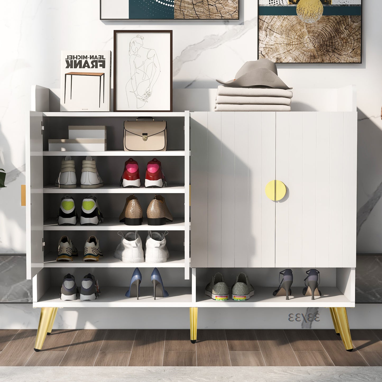 U-Can shoe cabinet with door, 11 layers with adjustable shelves, modern wooden shoe cabinet (PVC surface)