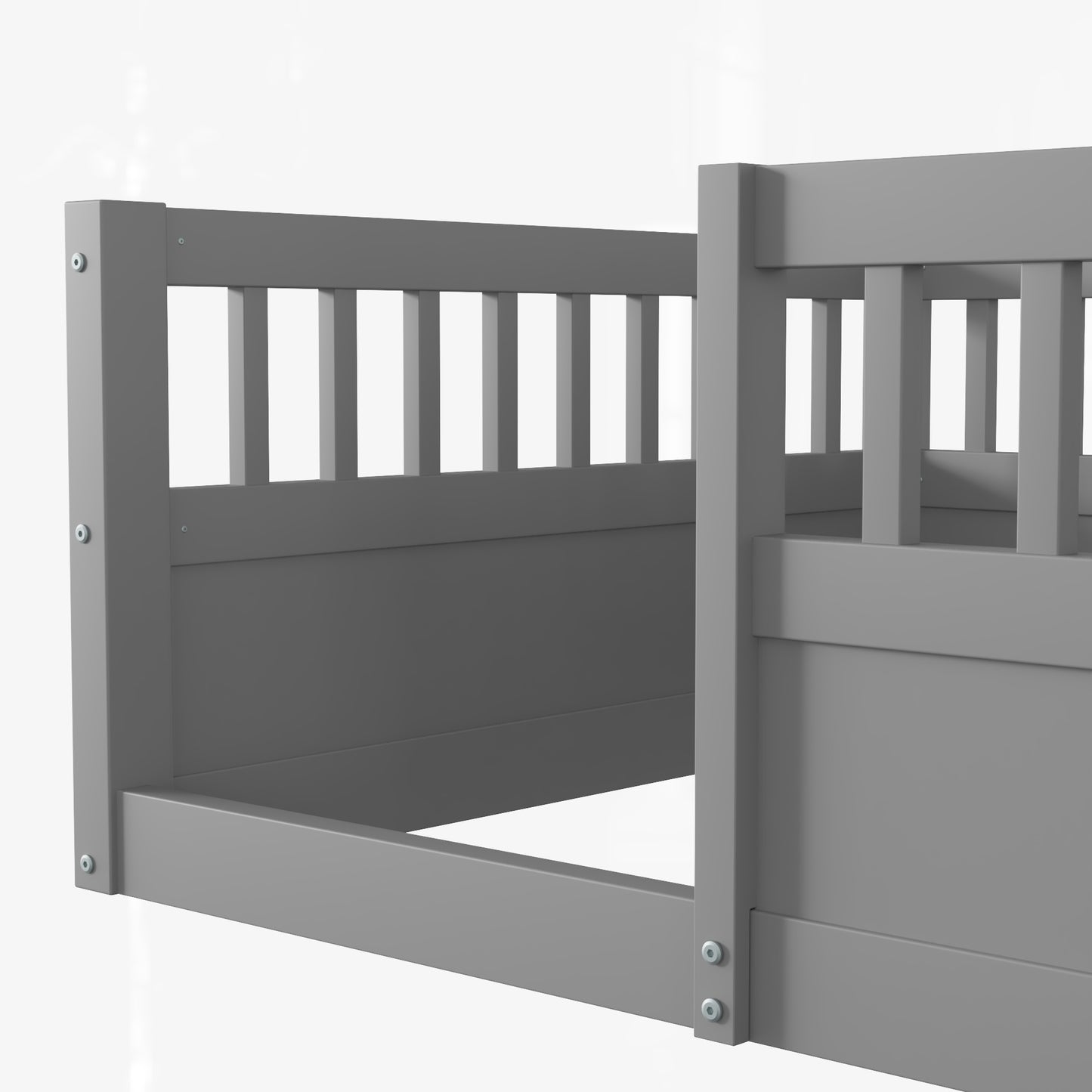 Twin Floor Bed Frame with Fence, Wood Kids Floor Beds Frame for Bedroom Playroom,Gray