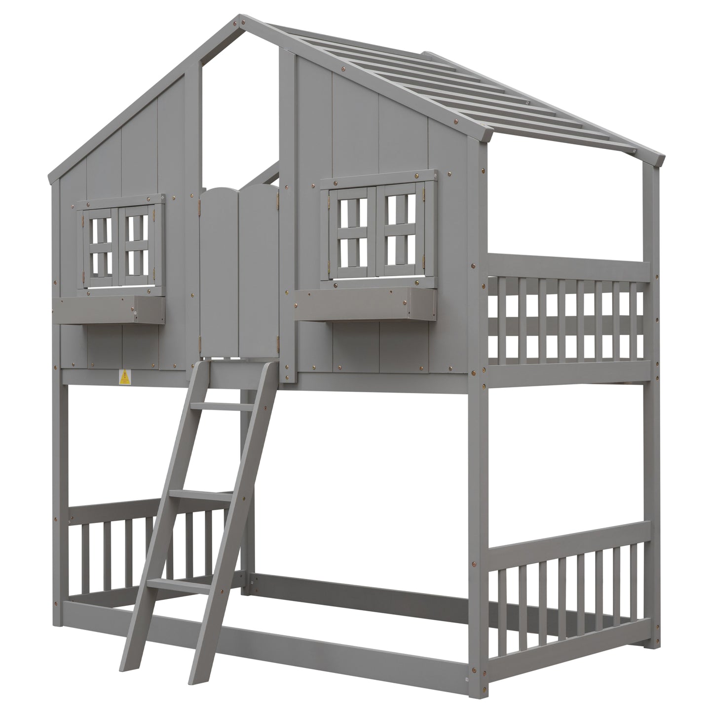 Twin over Twin House Bunk Bed with Roof , Window, Window Box, Door , with Safety Guardrails and Ladder, Grey