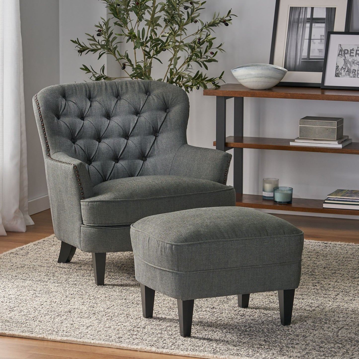 Sillón club moderno de tela gris y conjunto otomano, elegante sillón acolchado para salas de estar