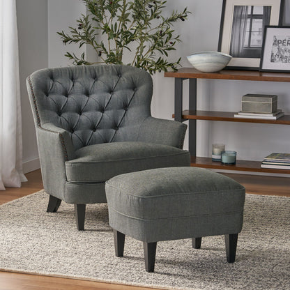 Modern Grey Fabric Club Chair and Ottoman Set, Stylish Cushioned Armchair for Living Rooms