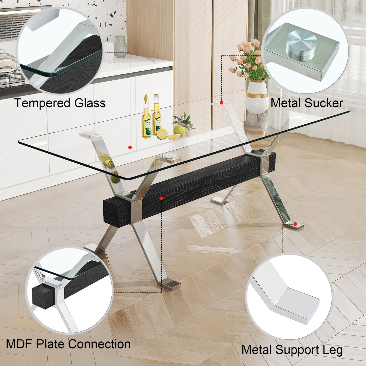 Modern Tempered Glass Dining Table, Large Office Desk with Silver Plated Metal Legs and MDF Crossbars