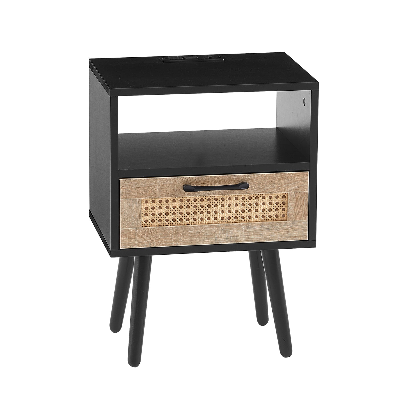 Rattan End table with Power Outlet & USB Ports Modern nightstand with drawer and solid wood legs black