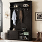 Hall Tree with Roof Rack and Storage Platform, Corridor Shoe Cabinet with Sliding Door and 5 Hooks, Black