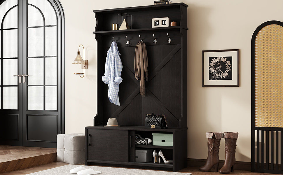 Hall Tree with Roof Rack and Storage Platform, Corridor Shoe Cabinet with Sliding Door and 5 Hooks, Black