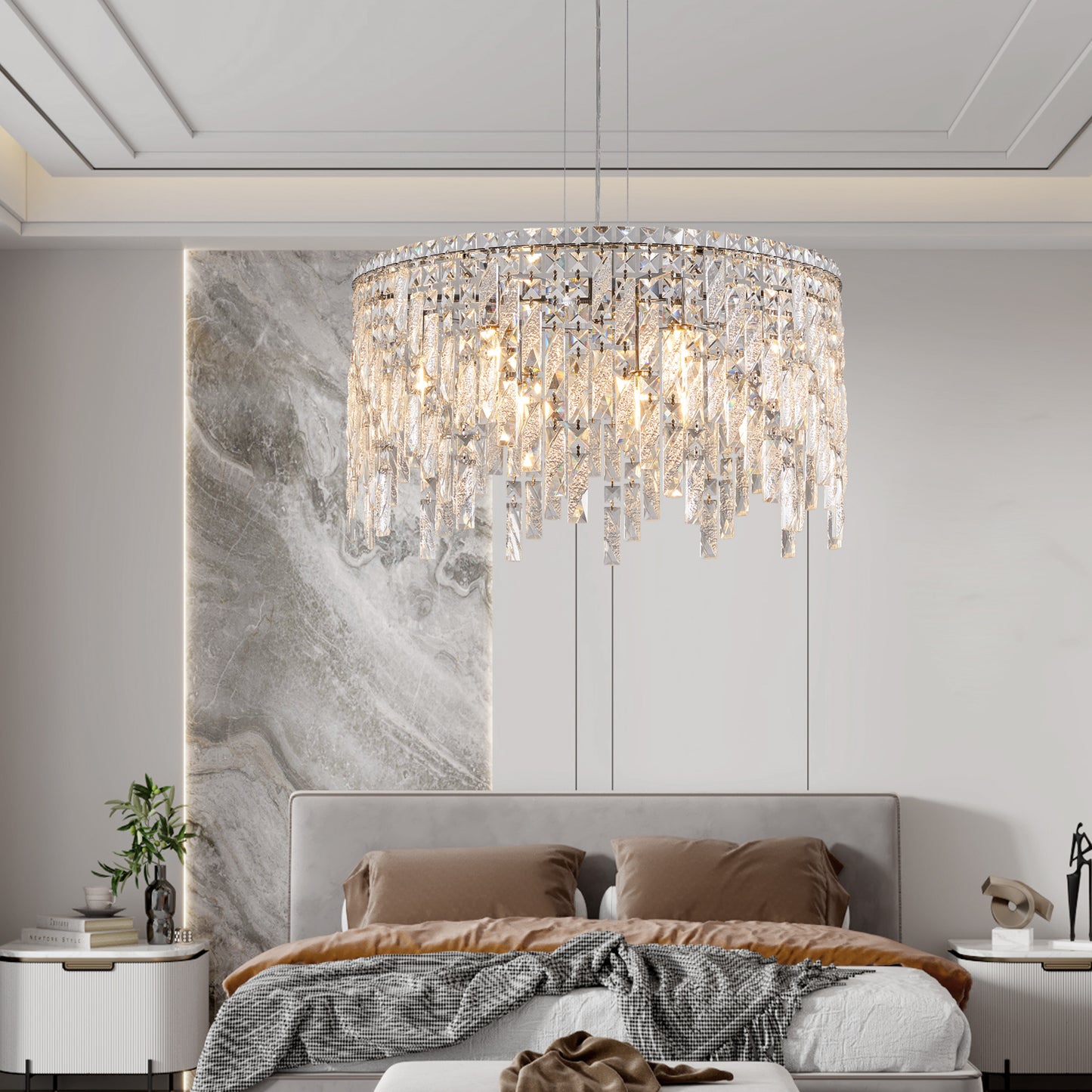 Deluxe round silver crystal chandelier, modern rectangular chandelier (excluding light bulbs)