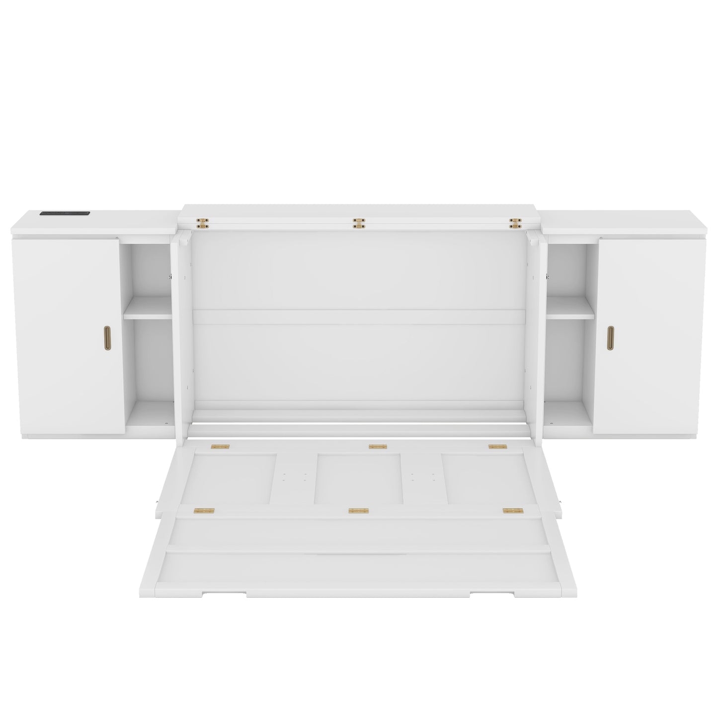 Full Size Murphy Bed with Shelves, Cabinets, and USB Ports, Space-Saving Design in White Finish