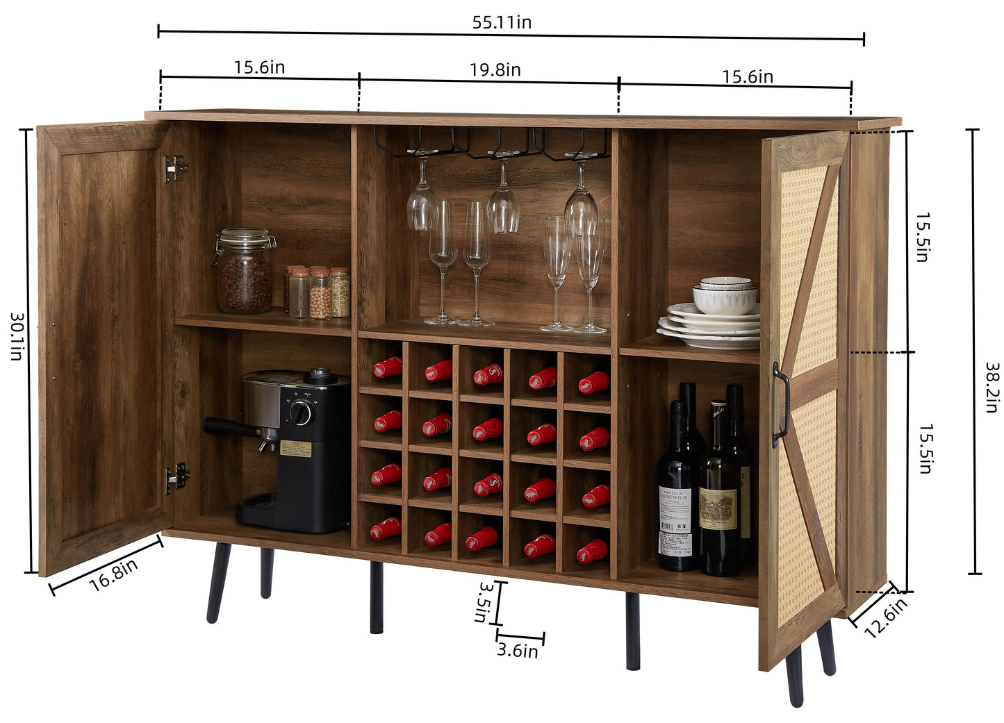 Oak Color Faux Rattan Barn Door Wine Cabinet with Wine Rack and Wine Glass Rack, Double Door Design with Removable Shelves