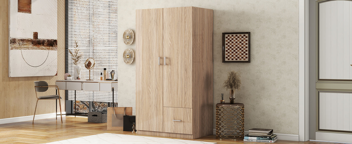 Wooden Wardrobe with Double Doors, Armoire with Hanging Rod, 5 Fixed Shelves, and 1 Drawer, Natural Finish