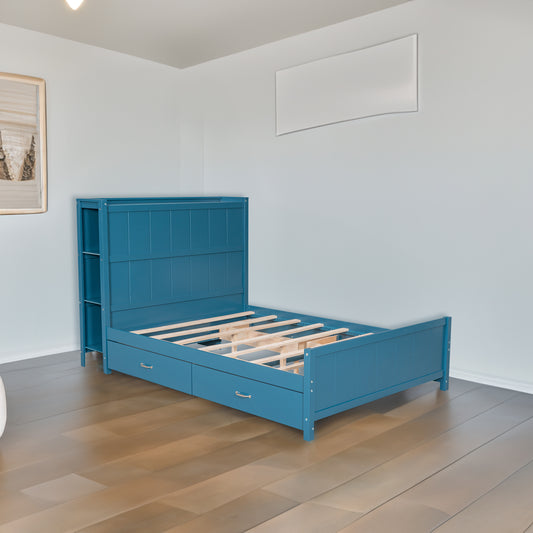 Full Size Platform Bed with Drawers and Storage Shelves, Blue