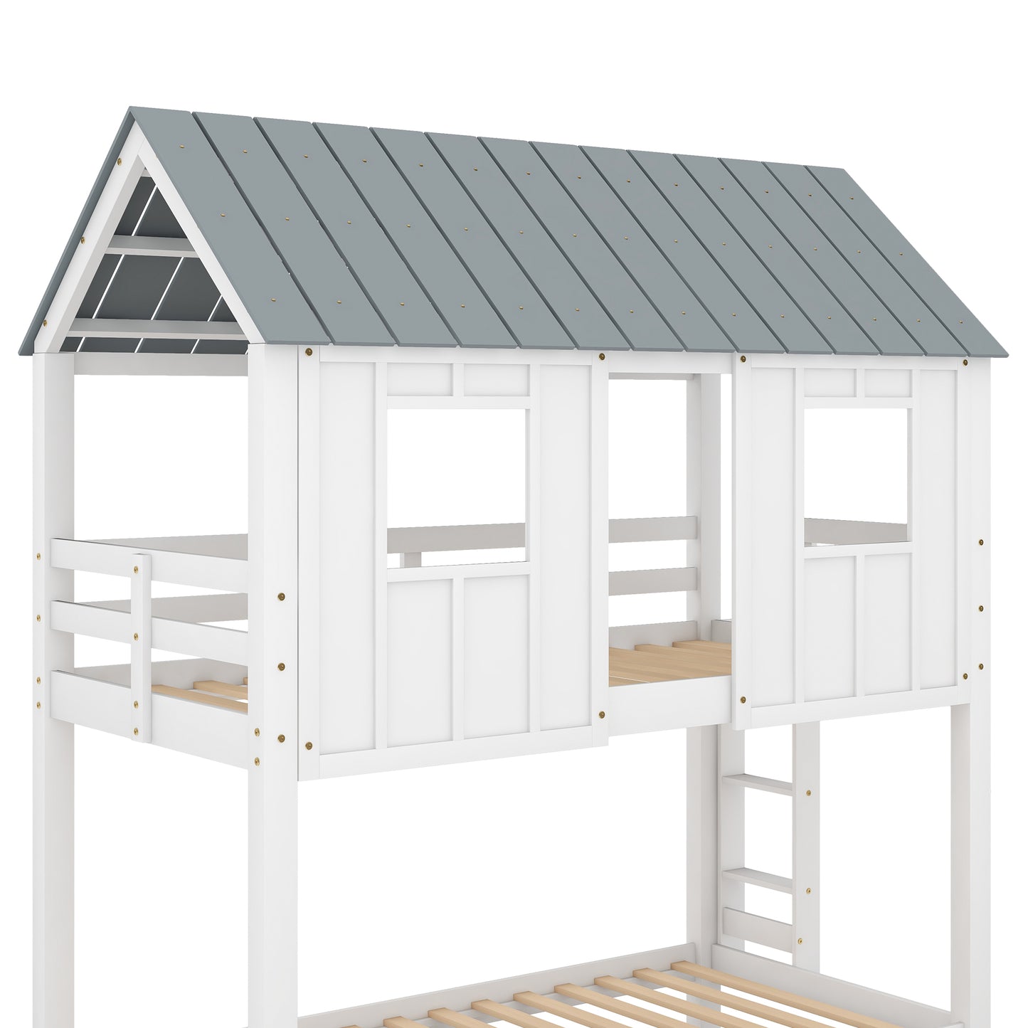 House Bunk Bed with Trundle,Roof and Windows White