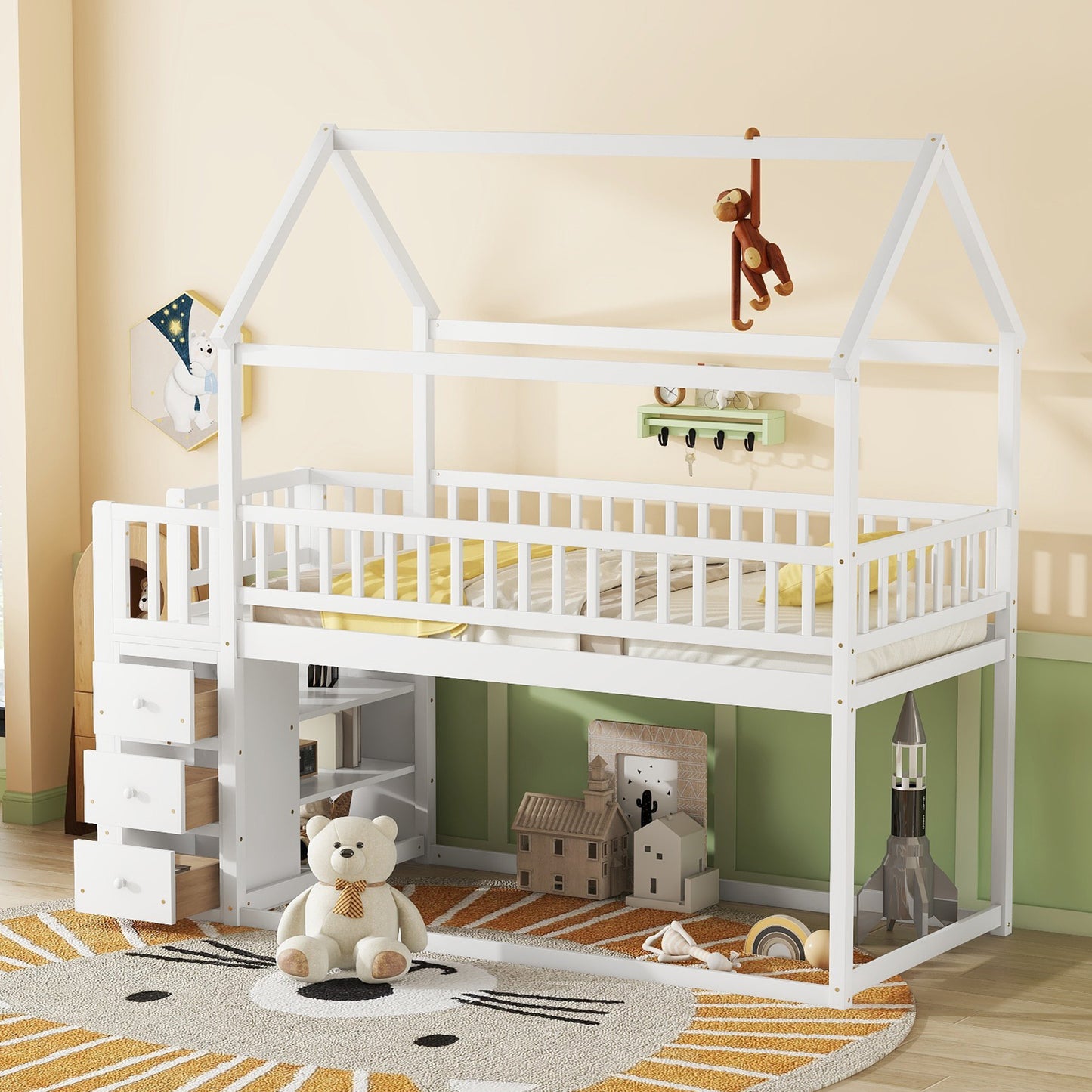 TWIN/TWIN HOUSE BUNK BED WITH SHELVES AND DRAWERS FOR WHITE COLOR