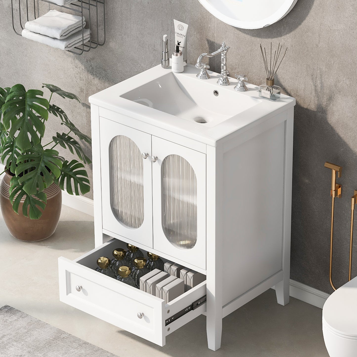 Bathroom Vanity with Sink, Bathroom Vanity Cabinet with One Drawer and Doors, Adjustable Shelf, Solid Wood and MDF, White