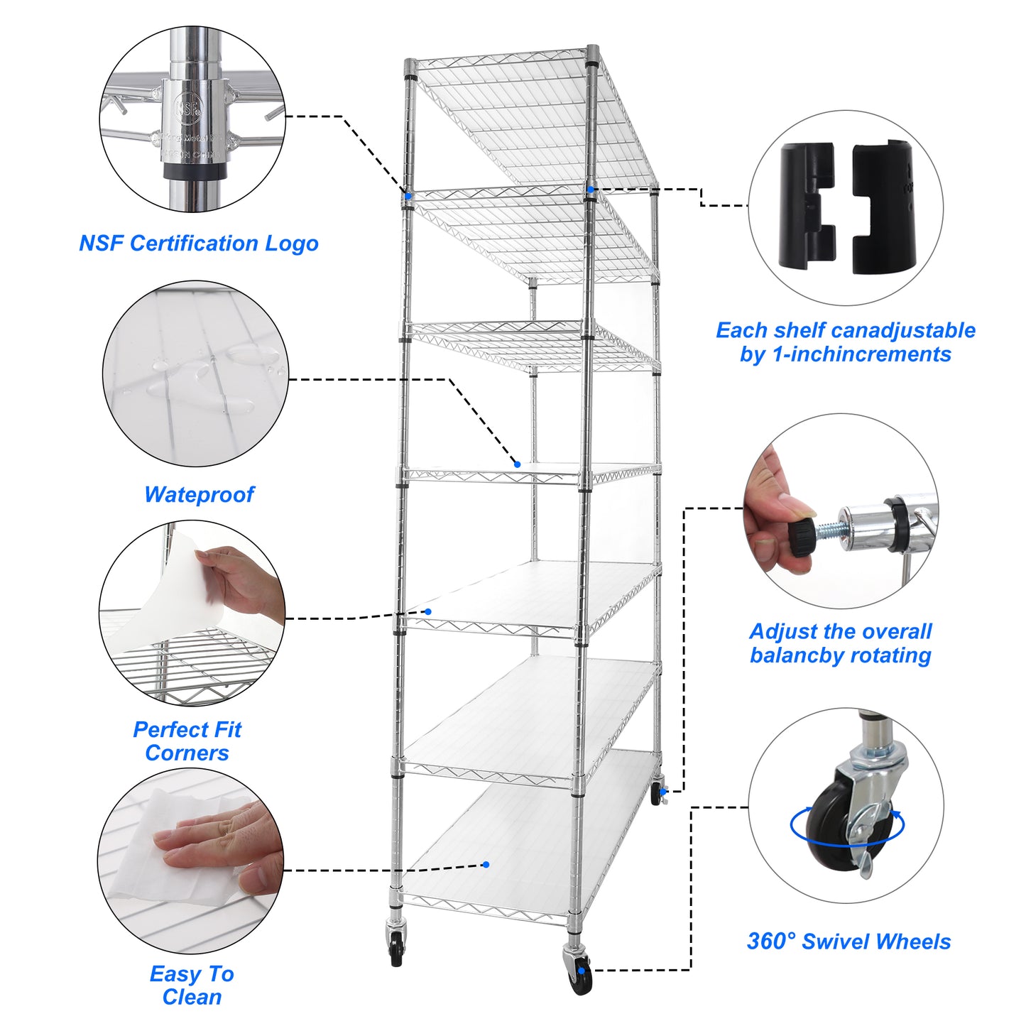 7 Tier Wire Shelving Unit 2450 LBS NSF Height Adjustable Metal Garage Storage Shelves with Wheels Chrome