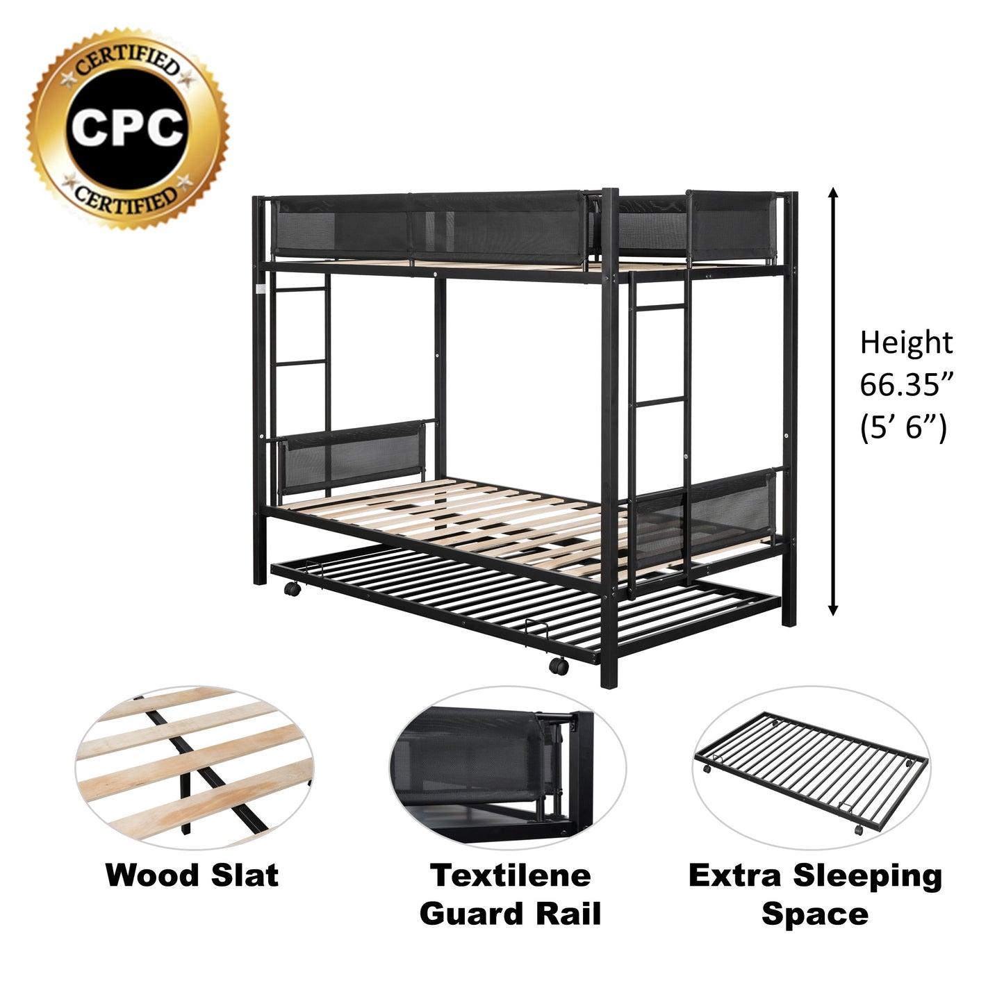 Metal double bed with casters/sturdy frame/no noise/comfortable guardrail/2 side ladders/no need for spring box