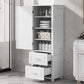 Tall Bathroom Storage Cabinet with 2 Drawers and Adjustable Shelf, White MDF Board Design