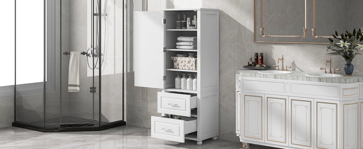 Tall Bathroom Storage Cabinet with 2 Drawers and Adjustable Shelf, White MDF Board Design