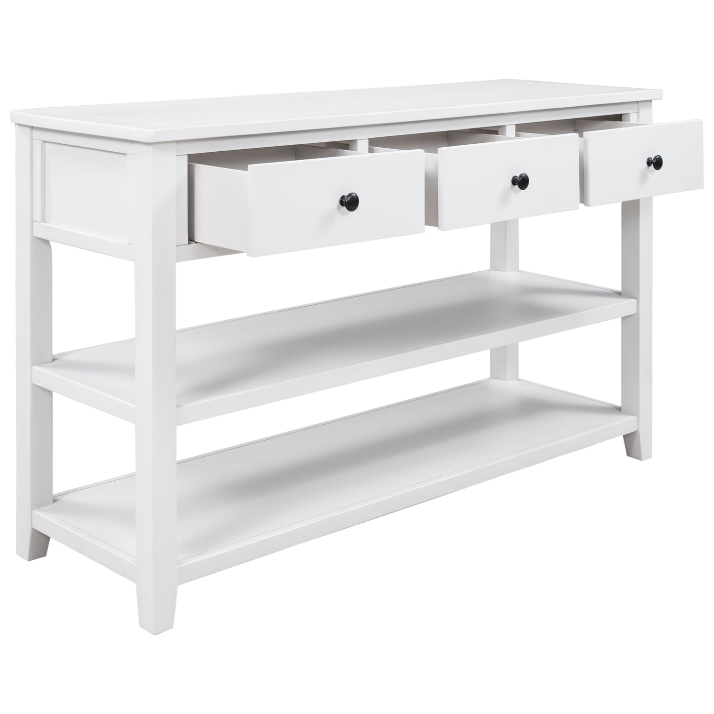 Retro Design Console Table with Two Open Shelves, Pine Solid Wood Frame and Legs, Antique White Finish