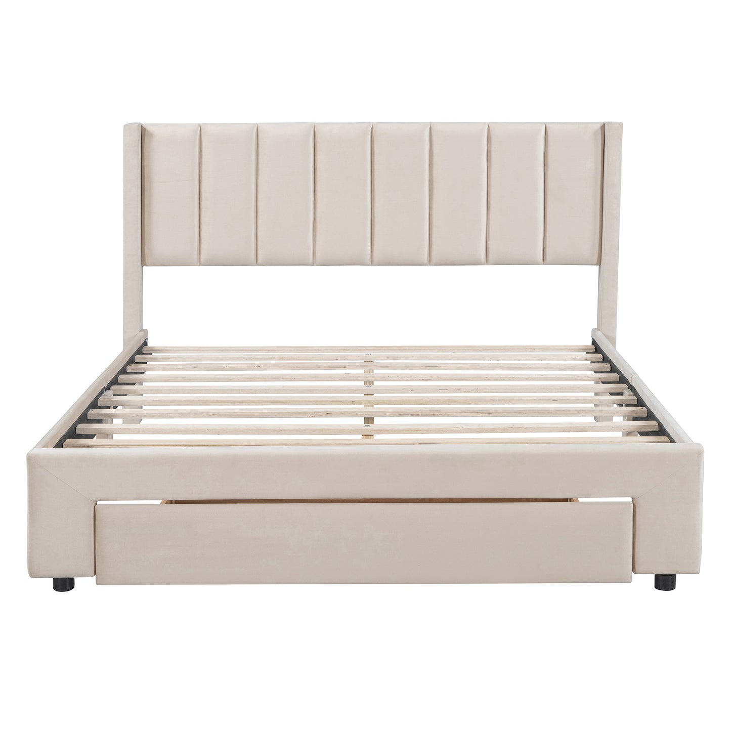 Queen Size Storage Bed Velvet Upholstered Platform Bed with a Big Drawer - Beige