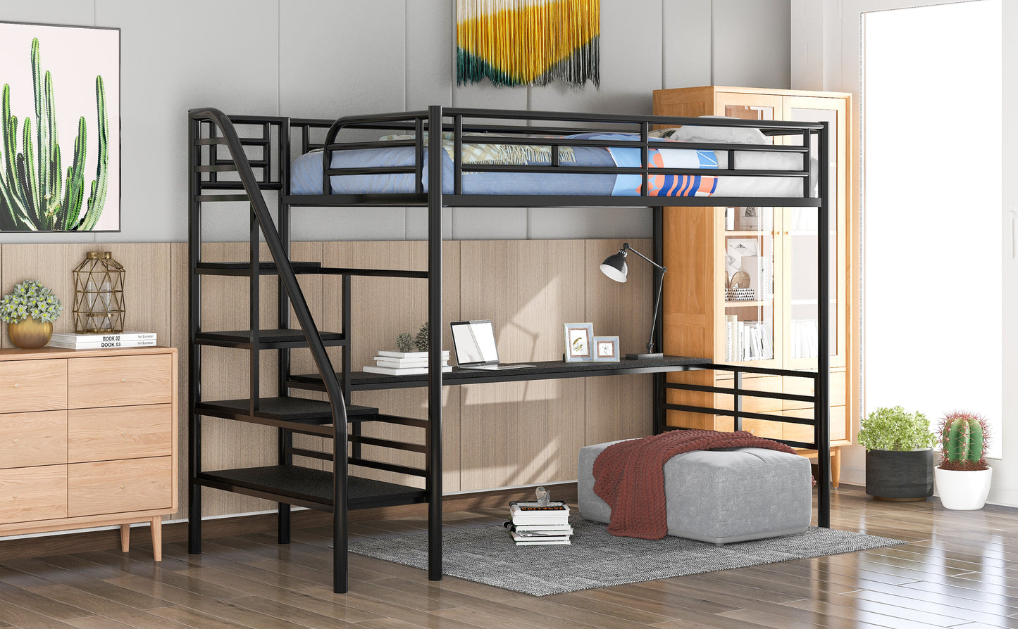 Metal Loft Bed Frame with Desk  No Box Spring Needed Twin Black