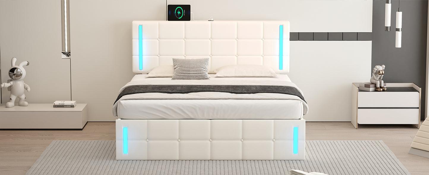 Queen Size Upholstered Bed with LED Lights,Hydraulic Storage System and USB Charging Station,White