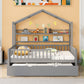 Wooden Full Size House Bed with Twin Size Trundle Kids Bed with Shelf Gray