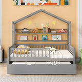 Wooden Full Size House Bed with Twin Size Trundle Kids Bed with Shelf Gray