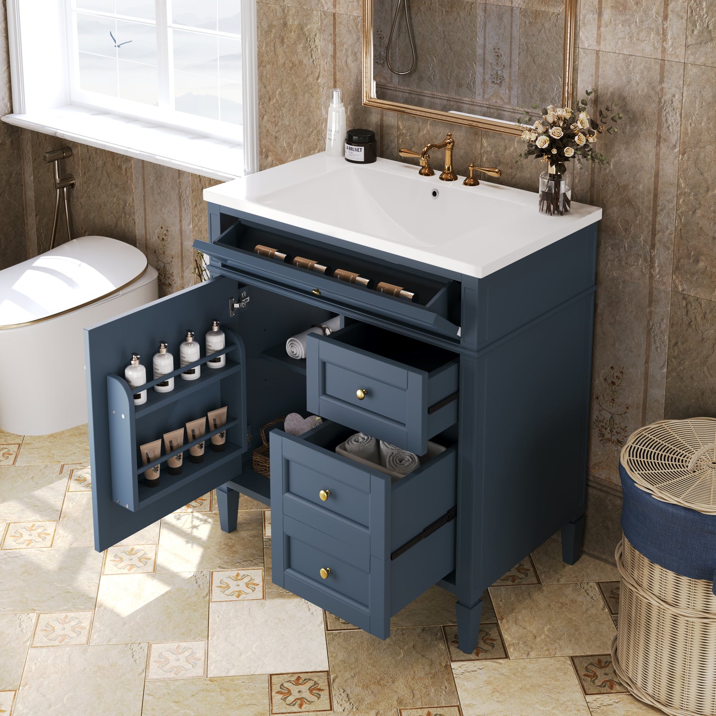 30 inch bathroom vanity with top sink, storage cabinet with 2 drawers and 1 drawer, single sink bathroom vanity