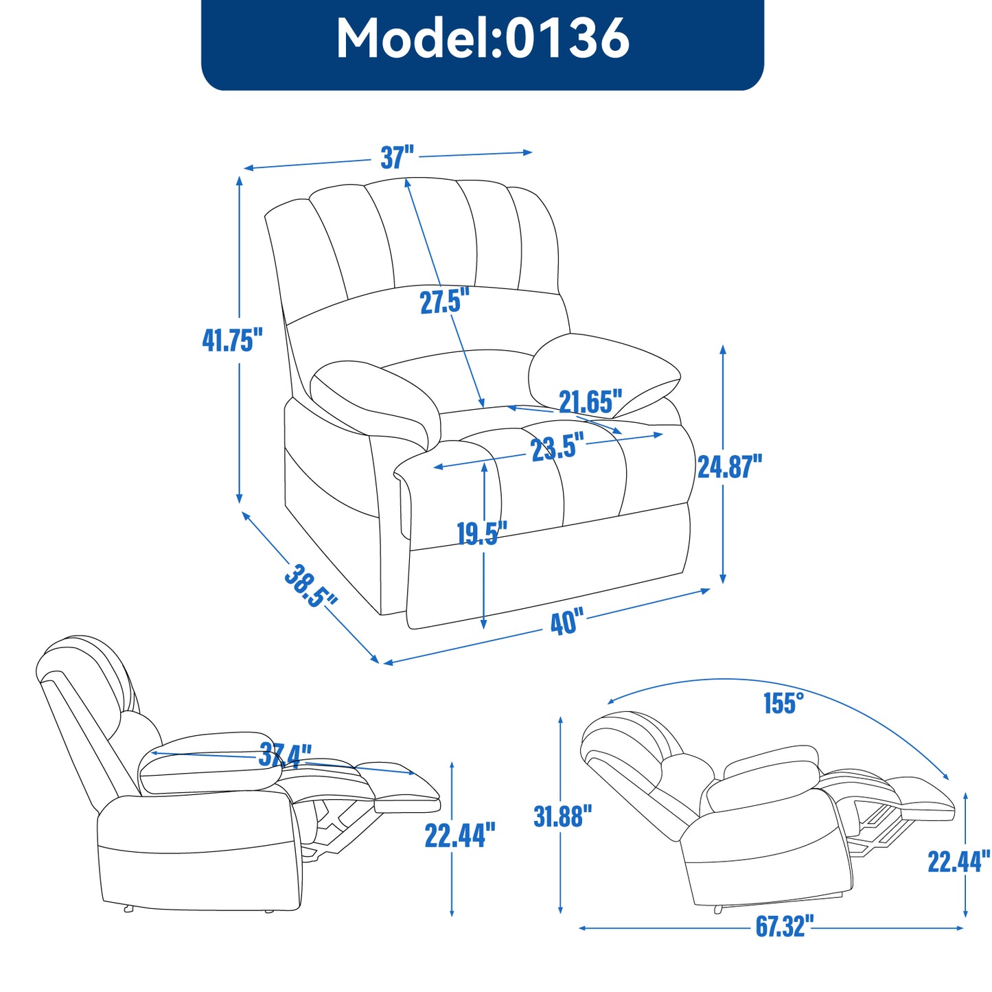 Large Manual Recliner Chair in Fabric, Comfortable Design for Living Rooms, Grey