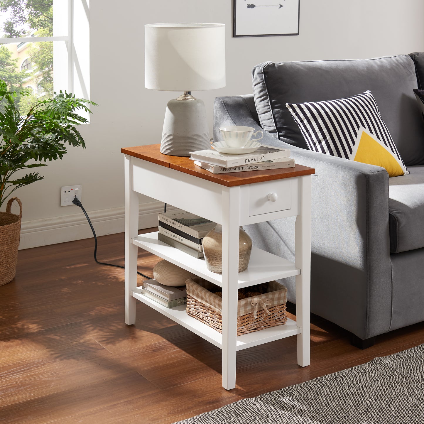 Narrow 2-tone End Table with USB Charging Ports for Small Space SOLID WOOD Table Legs White and Walnut