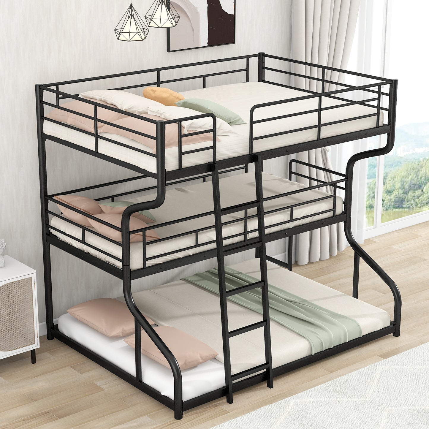 Full XL over Twin XL over Queen Size Triple Bunk Bed with Long and Short Ladder,Black